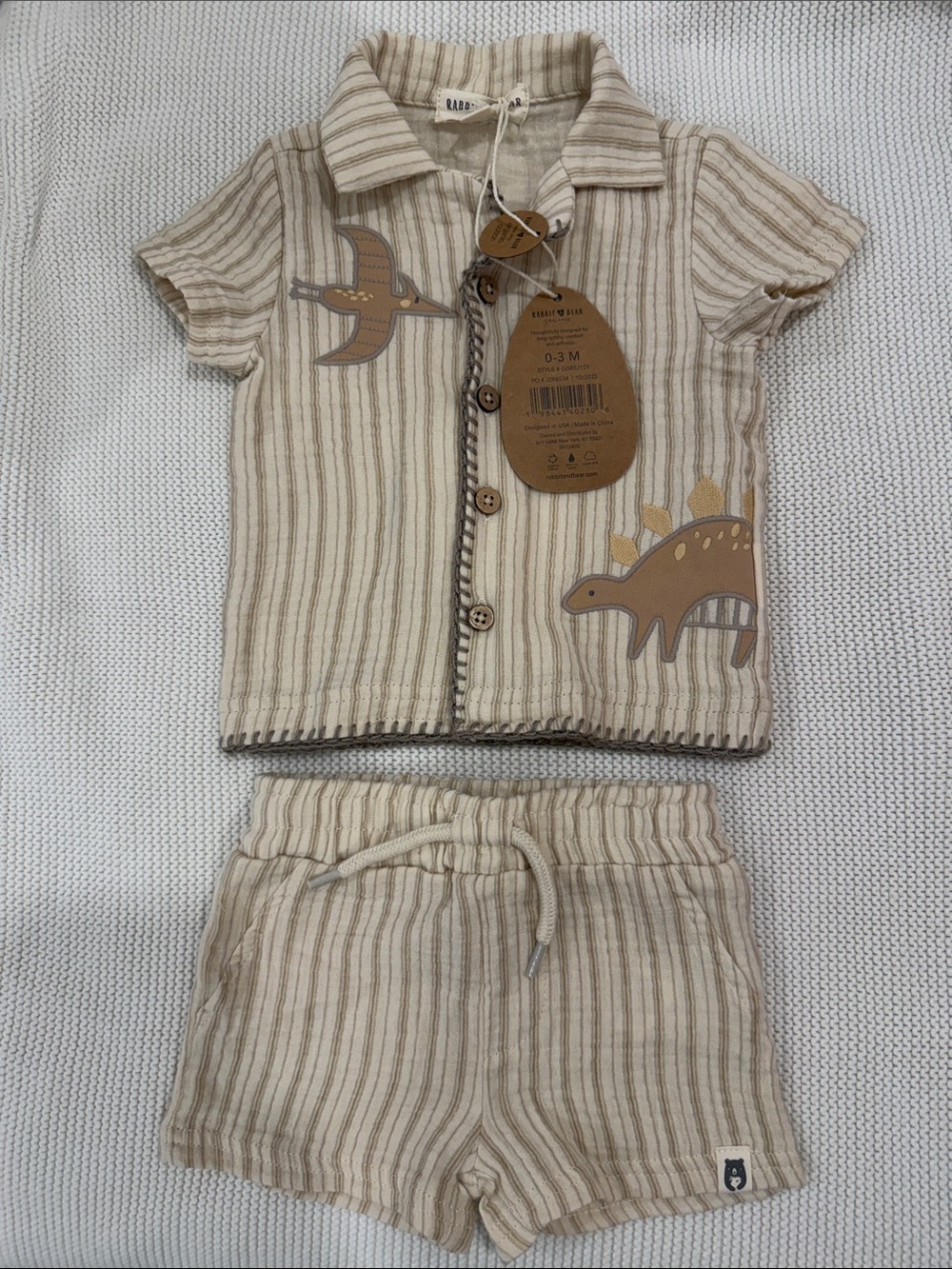 Baby Beige Striped Two-Piece Set with Dino Appliqué